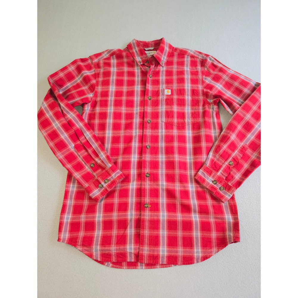 Carhartt‎ Button Down Shirt Mens Small Red Plaid Relaxed Fit Long Sleeve